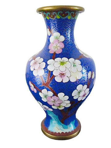 Japanese Cloisonne Blue Vase White Flowers Enamel Bird Over Brass - Designer Unique Finds 
 - 1