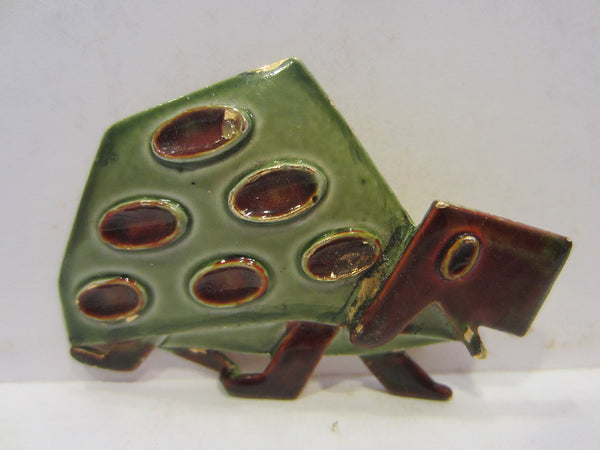 Art Abstract Green Red Geometric Mid Century Turtle Brooch Marked