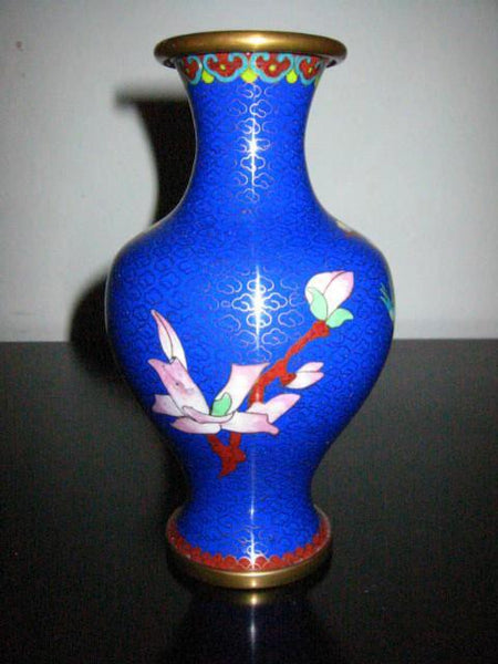Japanese Cloisonne Blue Vase White Flowers Enamel Bird Over Brass - Designer Unique Finds 
 - 2