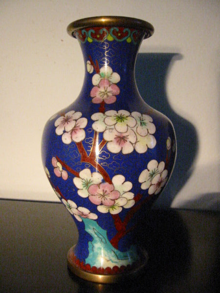 Blue Cloisonne Japanese Vase White Flowers Bird Over Brass