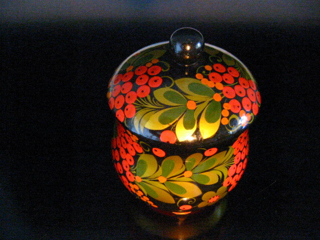 Paper Mache Russian Lacquer Covered Jar Gold Red Berries - Designer Unique Finds 
 - 1