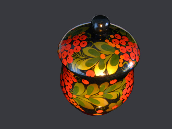 Russian Lacquer Gold Red Berries Lidded Box Marked