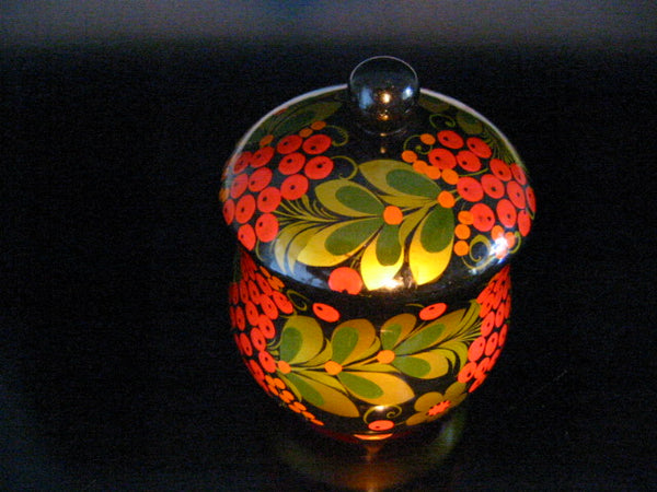 Russian Lacquer Gold Red Berries Lidded Box Marked