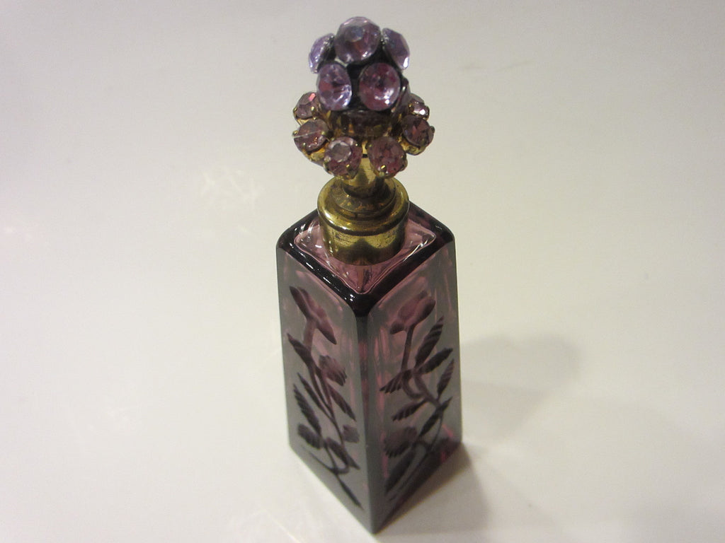 Lavender Crystal Perfume Bottle Etched Stem Flowers Brass Atomizer - Designer Unique Finds 