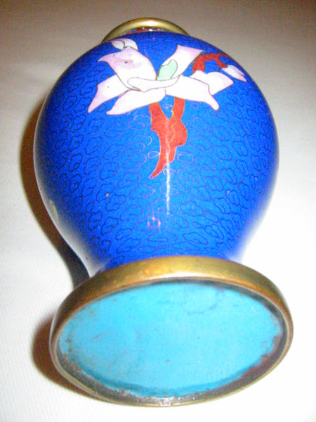 Blue Cloisonne Japanese Vase White Flowers Bird Over Brass