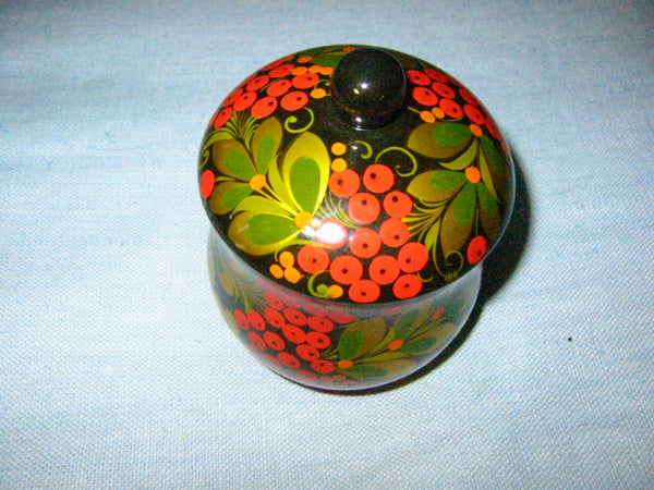 Paper Mache Russian Lacquer Covered Jar Gold Red Berries - Designer Unique Finds 
 - 3