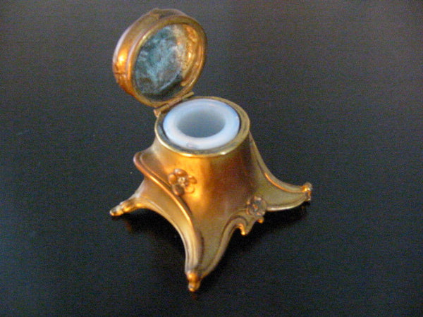 Art Deco JB Bronze Inkwell Milk Glass Insert Flower Medallion - Designer Unique Finds 