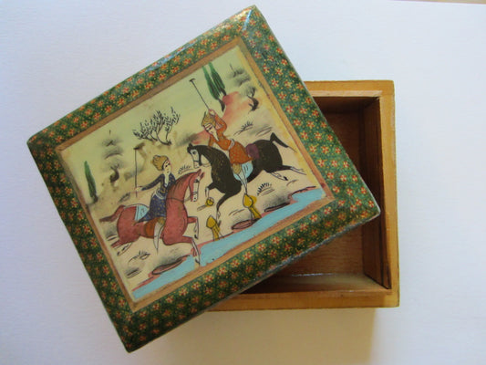 Persian Inlaid Box Wood Hand Painted Khatam Work Figurative Outdoor Sport - Designer Unique Finds 
