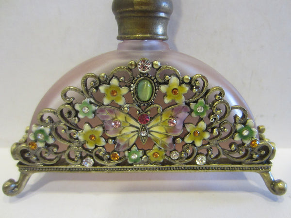 Lavender Glass Perfume Bottle Footed Jeweled Enameled Butterfly Flowers - Designer Unique Finds 