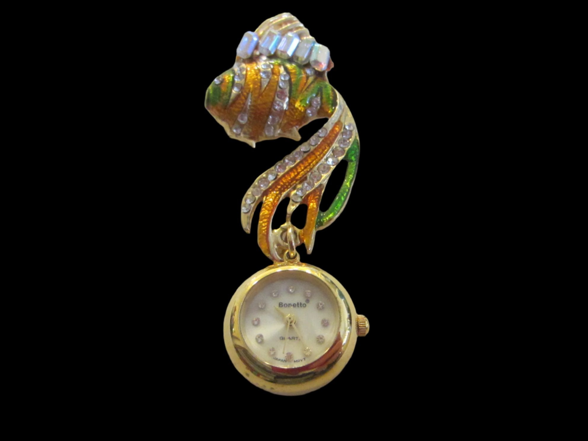 Bonetto Gold Fish Enameled Watch Brooch Designer Unique Finds