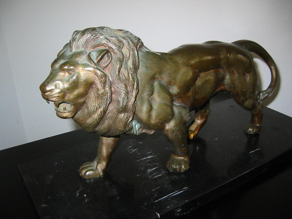Bronze Lion Sculpture Black Marble Stand - Designer Unique Finds 
 - 1