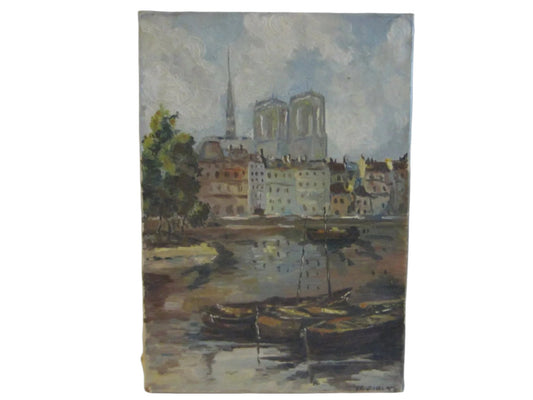 Nautical Harbor Boats Shore Marine Oil on Canvas Signed TKGIBET - Designer Unique Finds 