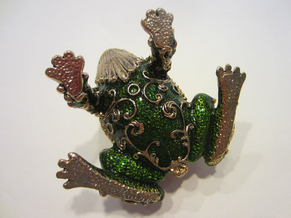 Be Dazzle Brass Green Enamel Frog Box Decorated Crystals - Designer Unique Finds 