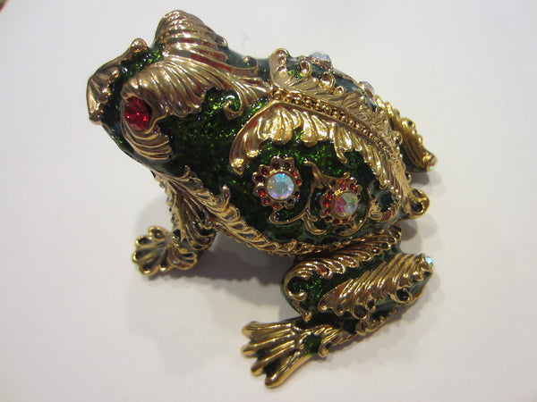 Be Dazzle Brass Green Enamel Frog Box Decorated Crystals