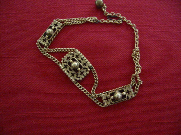 Florenza Brass Link Choker Medallions Statement Mid Century Necklace - Designer Unique Finds 