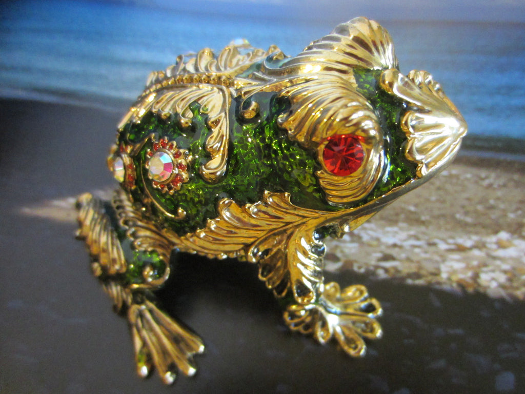 Be Dazzle Brass Green Enamel Frog Box Decorated Crystals - Designer Unique Finds 