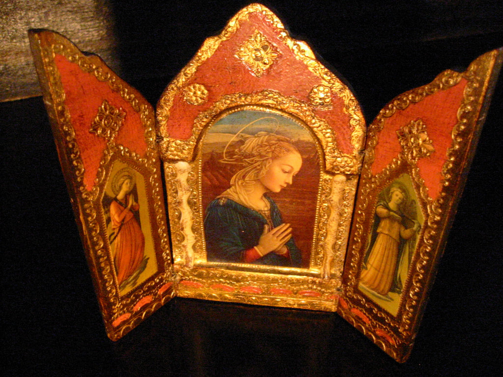 Tole Triptych Mary Portrait Florentine Wood Retablo Tea Screen - Designer Unique Finds 