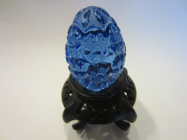 Blue Glass Egg Paperweight Blooming Carved Flowers - Designer Unique Finds 