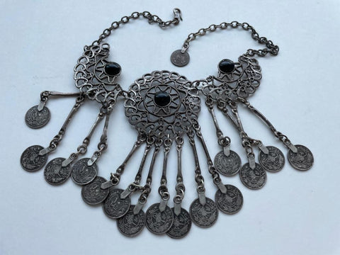 Mid Eastern Style Filigree Black Cabochons Coin Statement Bib Necklace