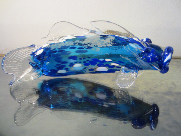 Behrotock Iridescent Mouth Blown Blue Glass Fish Sculpture Signed Dated - Designer Unique Finds 