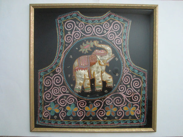 Sequined Elephant Framed Textile Art Hand Made Tapestry