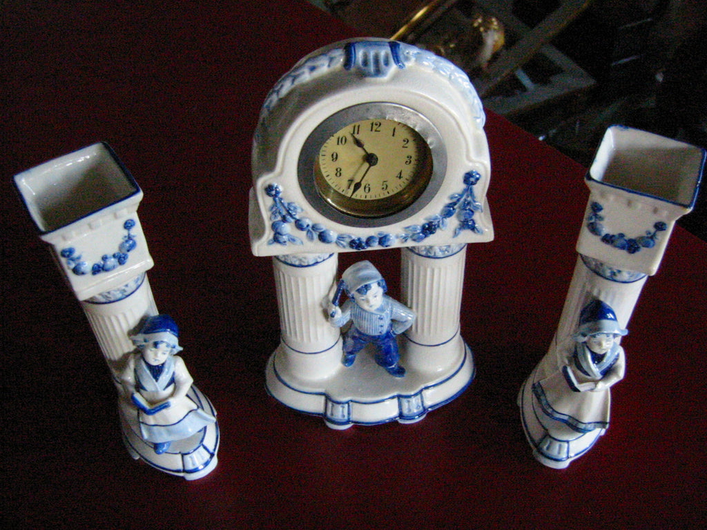 Blue Delfts Holland Porcelain Clock Candle Holders Dutch Portraits - Designer Unique Finds 
 - 1