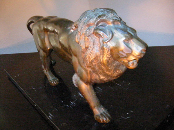 Bronze Lion Sculpture Black Marble Stand - Designer Unique Finds 
 - 4