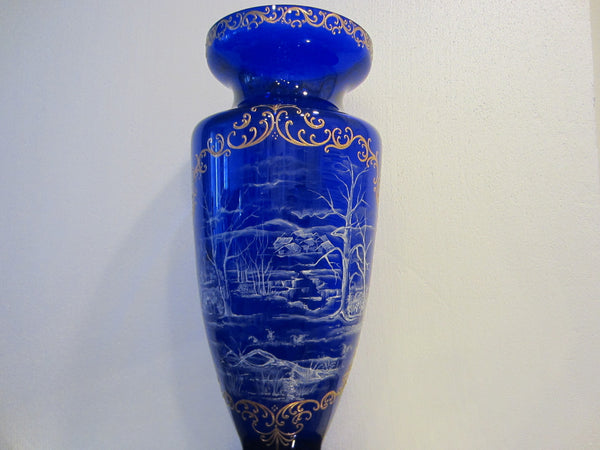 Snow Painted Cobalt Blue Glass Vase Gold Scrolled Relief Oriental Scene - Designer Unique Finds 