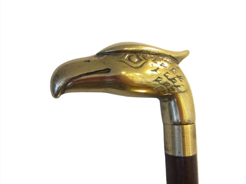 Bald Eagle Brass Head Handle Cane Mid Century Walking Wood Stick - Designer Unique Finds 