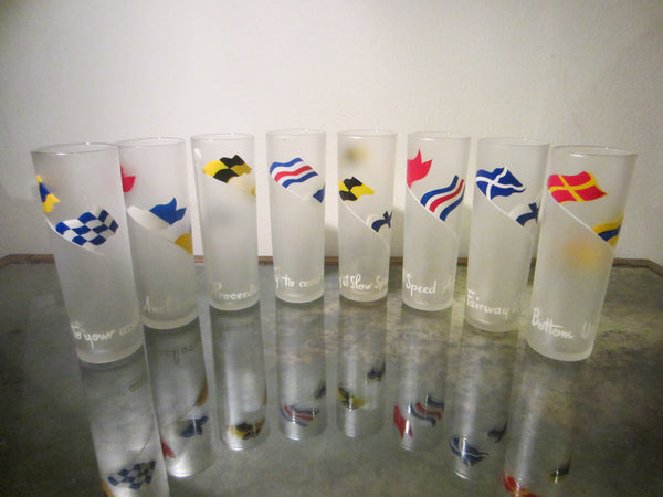 Drinking Glass Tumblers Set of Eight Scripted International Symbols Frost Design - Designer Unique Finds 