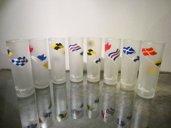 Eight Drinking Glass Tumblers Scripted Racing Flag Symbols Frost Design - Designer Unique Finds 