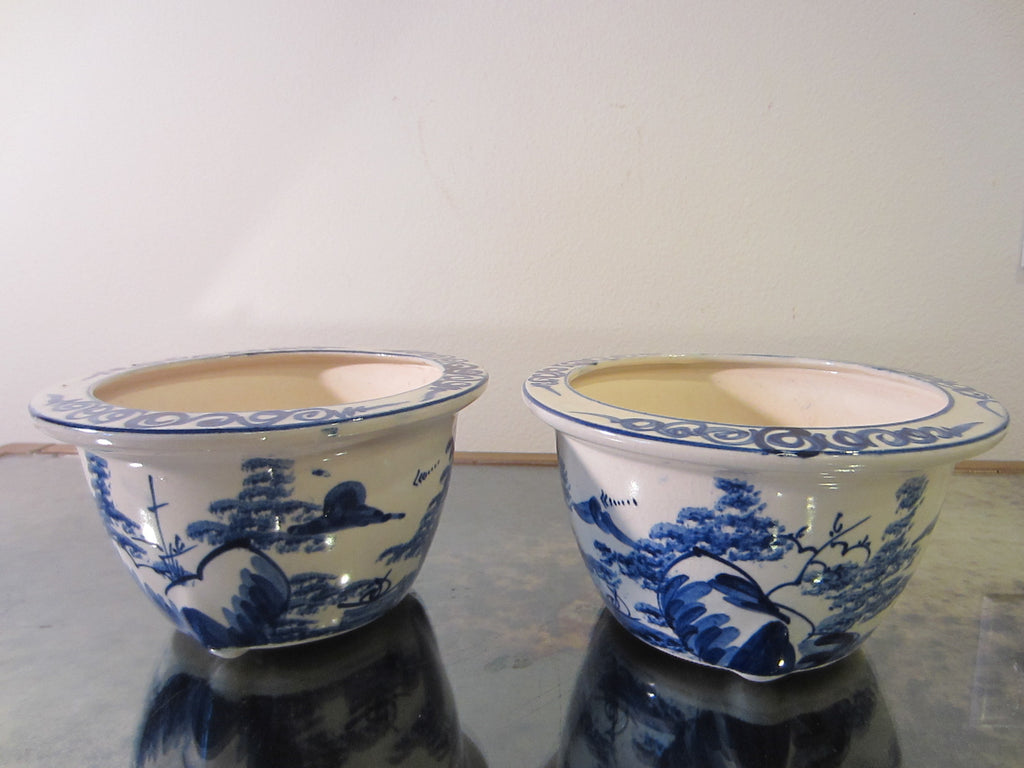 Blue White Transfer Ceramic Bowls Planters Asian Inspires - Designer Unique Finds 
 - 1