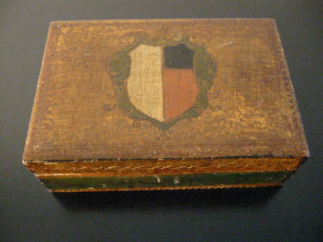 Florentine Jewelry Box Art Deco Decorated Crest Shield Textile Lined - Designer Unique Finds 
 - 1
