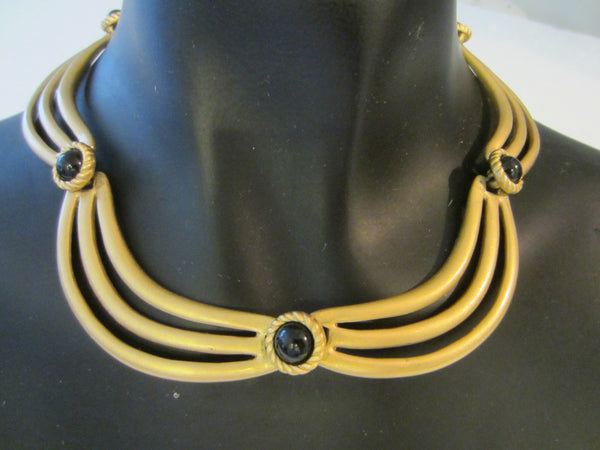 Monet Collar Necklace Gold Tone Black Onyx Cabochons - Designer Unique Finds 