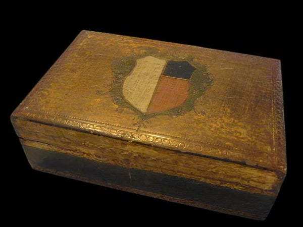 Florentine Jewelry Box Gilt Decorated Crested Shield Monogrammed FP