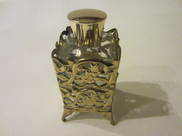 Brass Overlay Footed Filigree Glass Perfume Bottle Floral Decoration