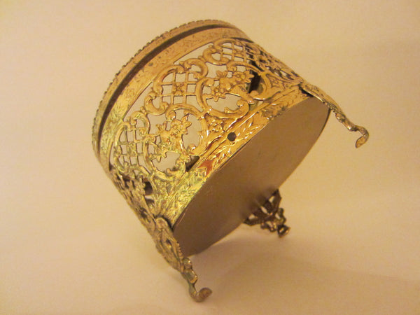 Mid Century Matson Style Ormolu Round Glass Top Rose Medallion Jewelry Box - Designer Unique Finds 
