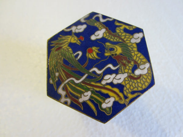 Asian Miniature Cloisonne Hexagonal Box Decorated Yellow Phoenix Dragons - Designer Unique Finds 
 - 3