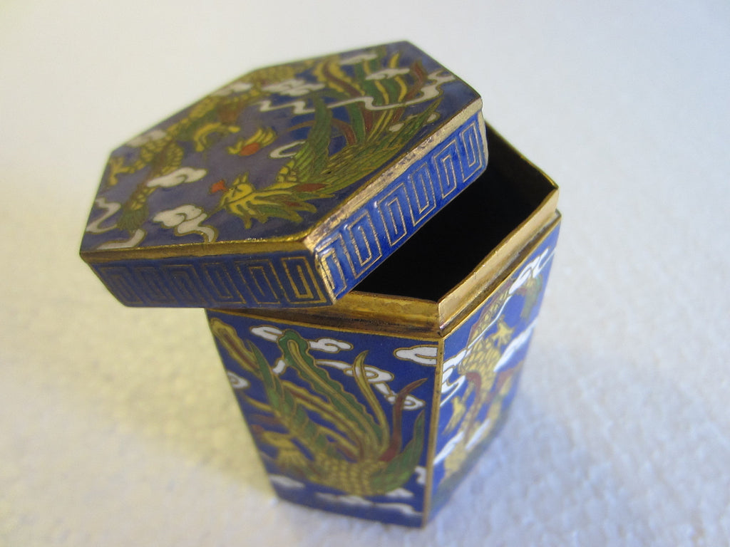 Asian Miniature Cloisonne Hexagonal Box Decorated Yellow Phoenix Dragons - Designer Unique Finds 
 - 1