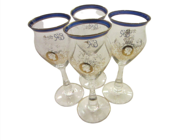 ER VIII King Edward Coronation English 4 Stemware Cordial Wine Goblets Set