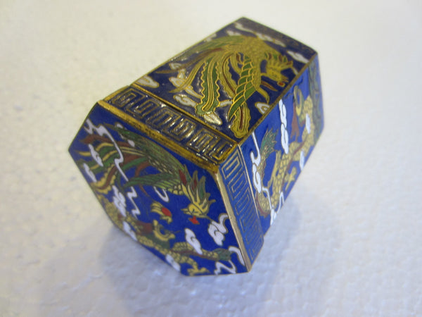 Asian Miniature Cloisonne Hexagon Box Yellow Phoenix Dragons - Designer Unique Finds 