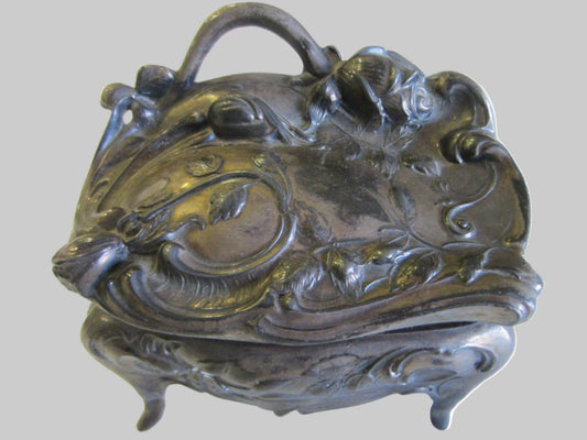 Art Nouveau Style Silver Plated Rose Decorated Footed Jewelry Box