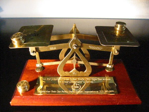 English Mahogany Brass Postal Scale Advertising For New York City PDC - Designer Unique Finds 