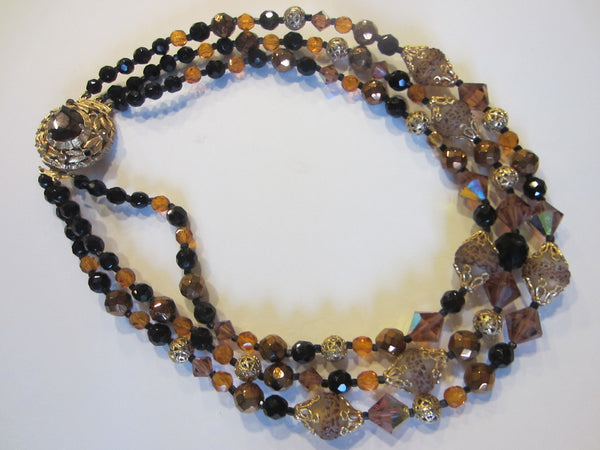 Czech Crystal Three Strands Necklace Encrusted Cabochon Gold Tone Clasp - Designer Unique Finds 