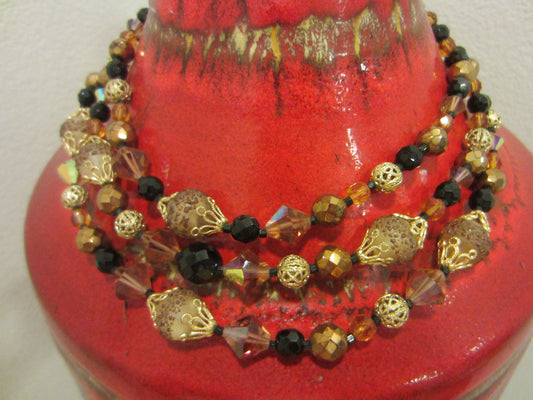 Czech Crystal Three Strands Necklace Encrusted Cabochon Gold Tone Clasp - Designer Unique Finds 