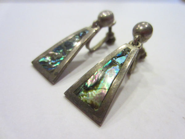 Sterling Alpaca Silver Earrings Screw Back Marked Decorated Abalone - Designer Unique Finds 