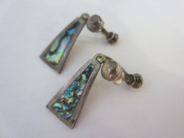 Sterling Alpaca Silver Earrings Screw Back Marked Decorated Abalone - Designer Unique Finds 
