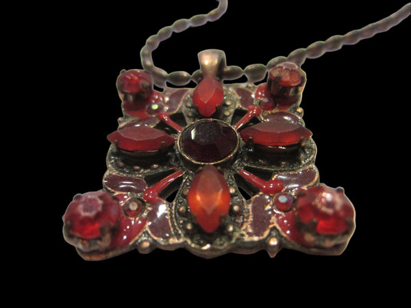 Mid Century Red Glass Filigree Enameled Pendant Copper Chain - Designer Unique Finds 