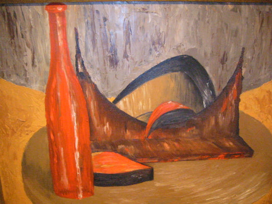 Still Life Red Bottle Food Impressionist Urban Oil On Board - Designer Unique Finds 