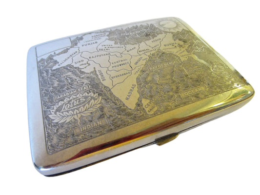 Lotus South Asia Map Decorated Chasing Engraving Silver Case - Designer Unique Finds 